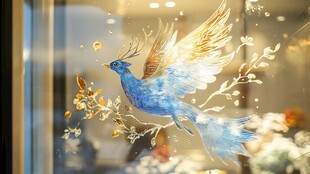 蓝羽金翼飞鸟玻璃艺术画