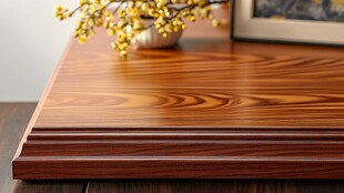 精致木纹桌面与花卉摆件