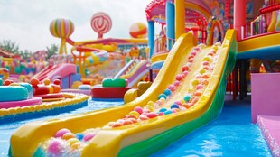 欢乐水上乐园彩色滑梯场景