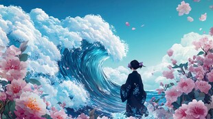少女赏景于花海与巨浪间