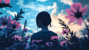 女孩于花海中静赏天空