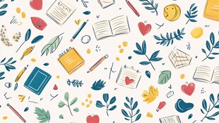 手绘学习用品与自然元素图案