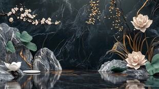 中式墨韵莲花山水装饰画