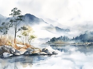 湖畔山林水墨风光