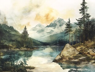 湖畔山林间的梦幻晨光