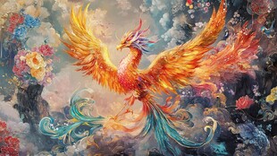 梦幻凤凰翱翔于繁花云海间