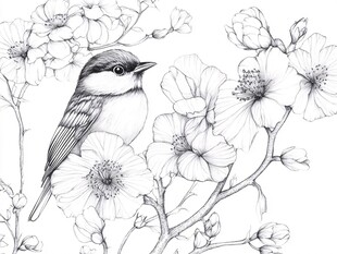 花鸟素描图 小鸟栖于繁花间