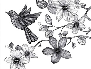 飞鸟伴花的黑白插画图案