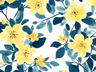 黄色花卉绿叶无缝图案
