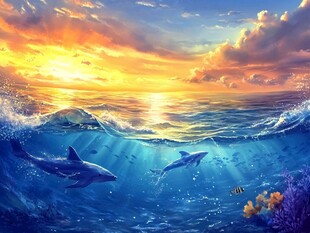 夕阳下海豚畅游的梦幻海洋