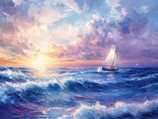 海上帆船迎日出美景