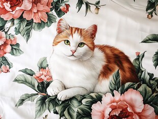 花布上的可爱橘白猫咪