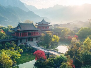 中式园林美景晨光如画