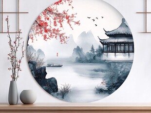 中式山水圆形装饰画意境美