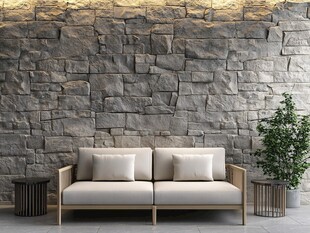 石墙旁的简约沙发与绿植