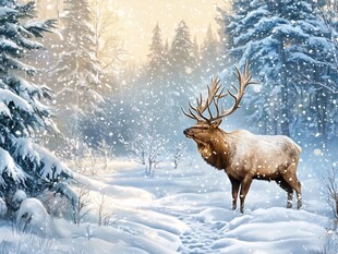 雪地中的雄鹿与森林美景