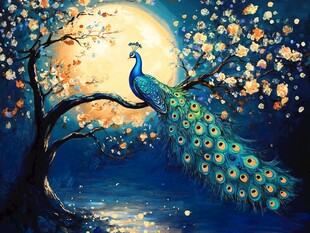 月夜孔雀栖繁花枝头
