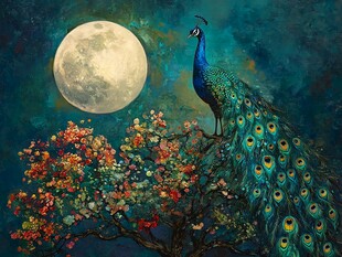 月夜孔雀栖于繁花之树