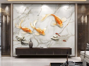 中式客厅立体锦鲤大理石壁画