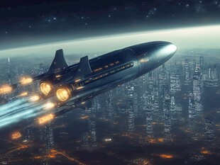 未来飞船飞越繁华科幻都市