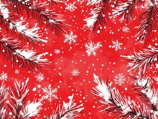 红色圣诞松枝雪花背景图