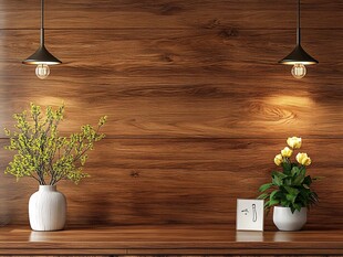 木质墙面下的清新花艺