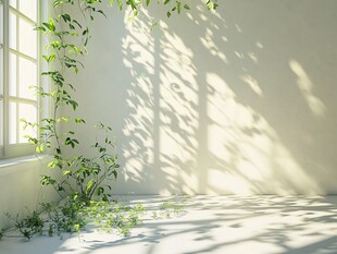 窗边绿植映着斑驳光影