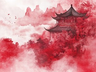 红韵山水间的古典楼阁