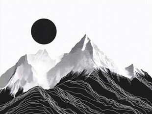 黑白山峦间的神秘黑日