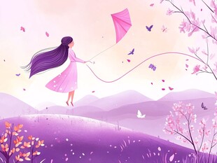 女孩春日放风筝唯美场景