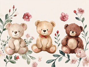 三只小熊与花卉可爱插画