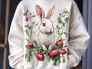 兔子花卉图案白色卫衣