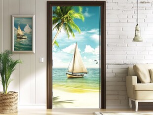 海边帆船门贴装饰画效果