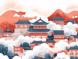 古风云雾中的中式建筑群