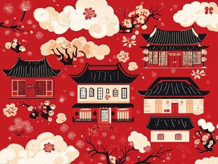 中式古风建筑与繁花图景