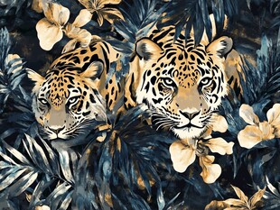 双豹栖于繁花茂叶间