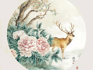 鹿伴牡丹图 中式祥瑞景致