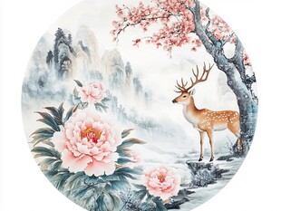 鹿伴繁花山水间国画图