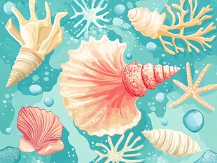 梦幻海底贝壳海星插画