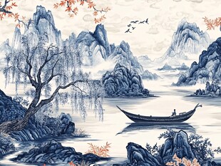 水墨山水间的孤舟逸景