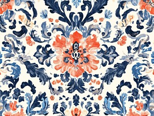 蓝橙花卉复古风图案设计