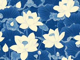 蓝底荷花中式花纹图案