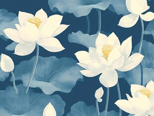 蓝底白荷清新花卉图案