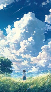 少女仰望梦幻云端美景