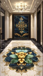 奢华玄关 莲花与瑞兽壁画