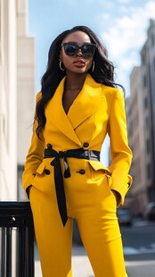时尚黑人女性身着亮黄套装
