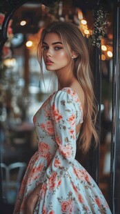 复古碎花裙美女优雅侧影