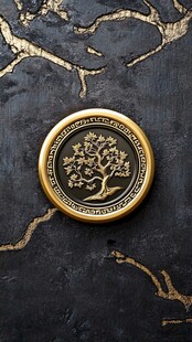 金色树纹徽章置于斑驳背景