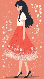 红衣少女漫步梦幻花境