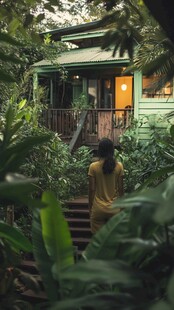 女子漫步于丛林中的小屋前
